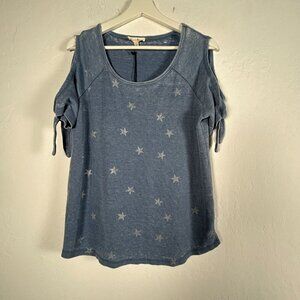 Jane And Delancey Womens Scoop Neck Star-Print Blue Cold Shoulder Top Large New